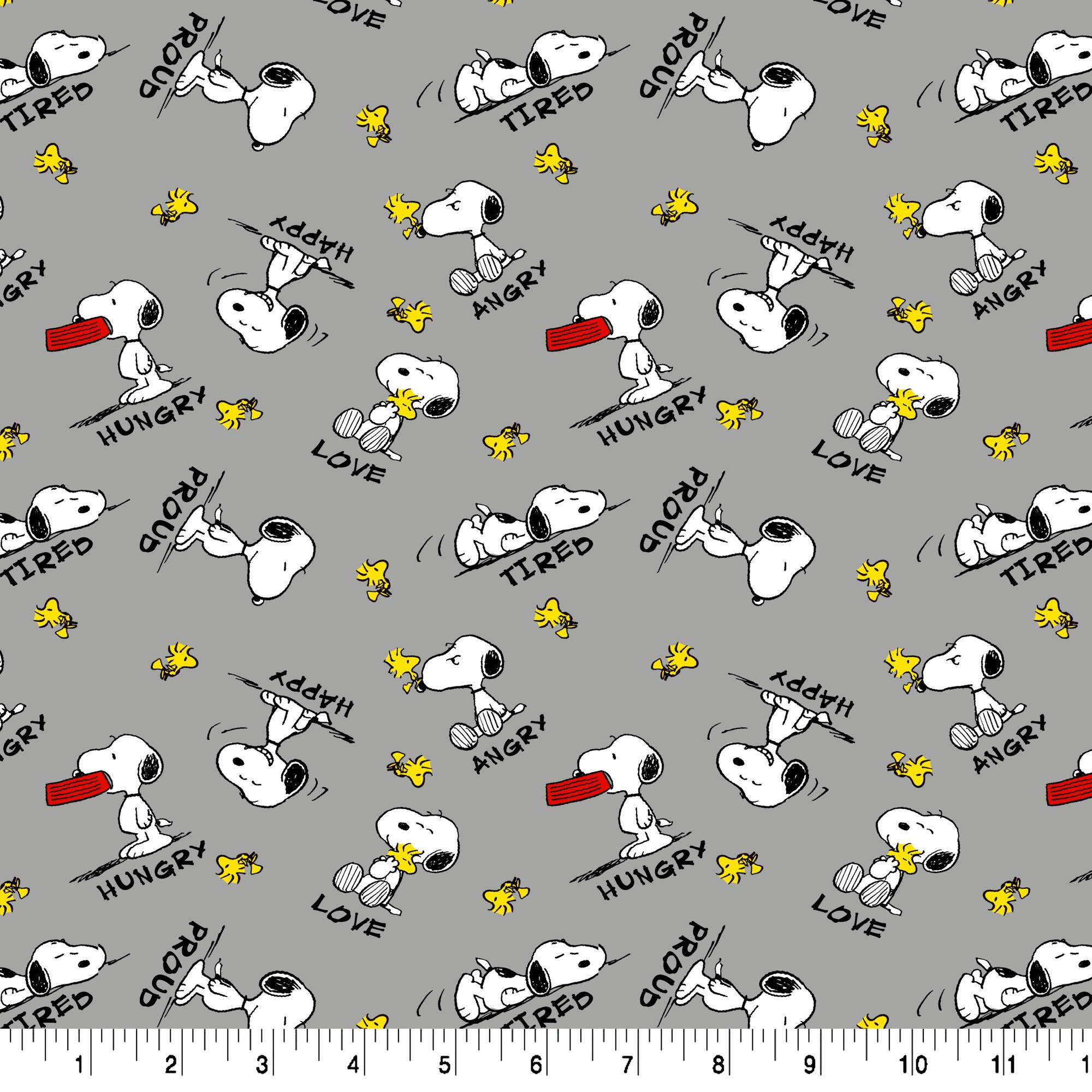 Peanuts® Snoopy & Woodstock Feelings on Gray Cotton Fabric